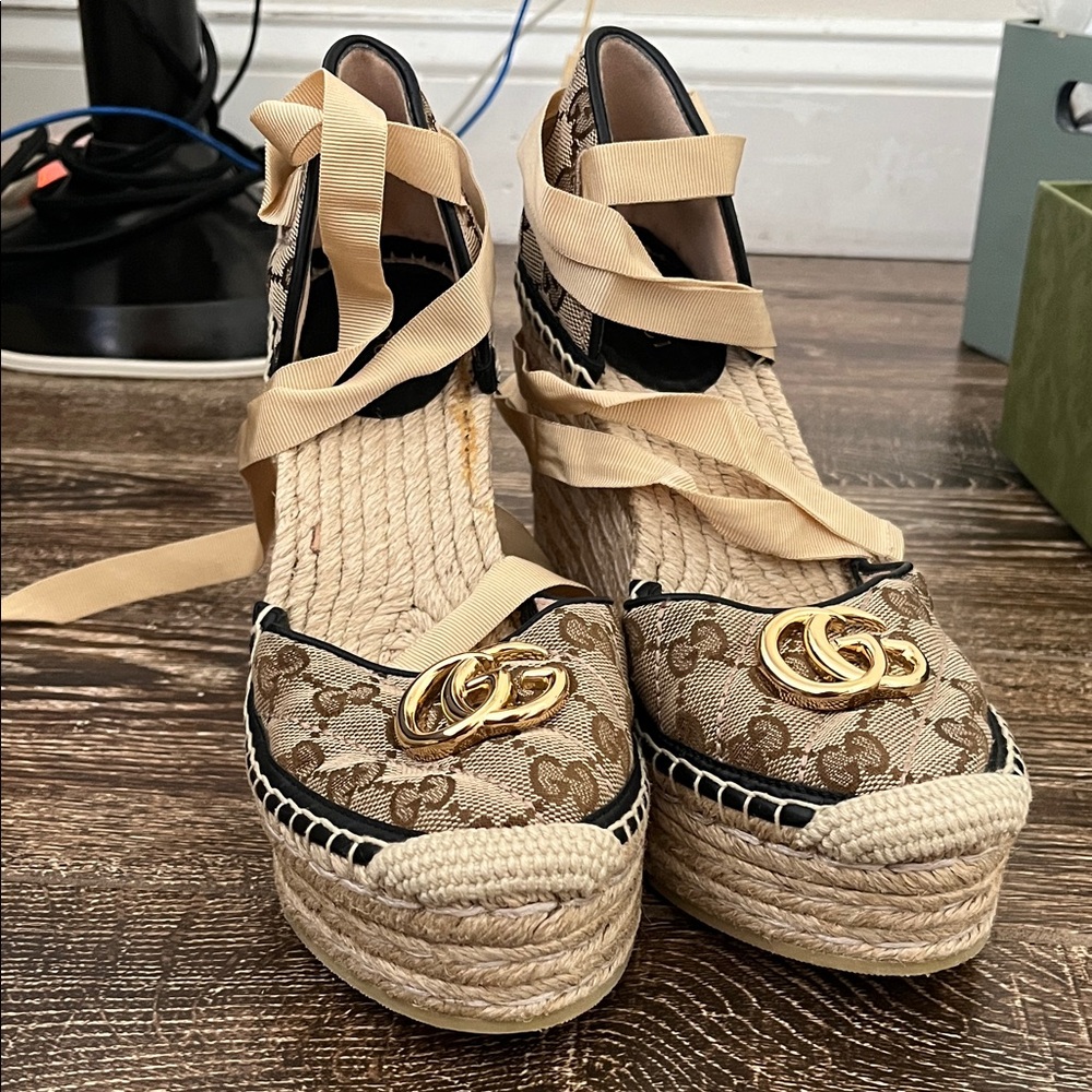 Gucci Tan and Gold Espadrille Wedges